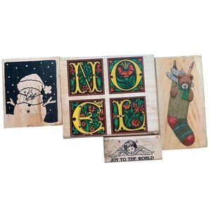 Holiday-Themed Rubber Stamp Lot Snowman Noel Bear & Joy To The World